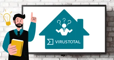 Virustotal logo egy táblán, mellette egy tanárt jelképező alak
