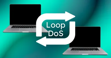 Két laptop türkiz háttér előtt, köztük hurkot jelölő nyilak, a kép közepén Loop DoS felirat.