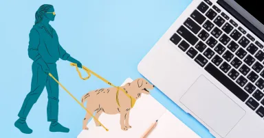 A háttérben nyitott laptop, az előtérben grafika, ami egy látássérült hölgyet ábrázol vakvezető kutyával.